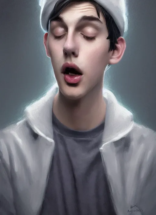 Image similar to portrait of teenage jughead jones wearing a light grey crown, crown, eating hamburger, eyes closed, crown, black hair, intricate, elegant, glowing lights, warm lighting, highly detailed, digital painting, artstation, concept art, smooth, sharp focus, illustration, art by wlop, mars ravelo and greg rutkowski