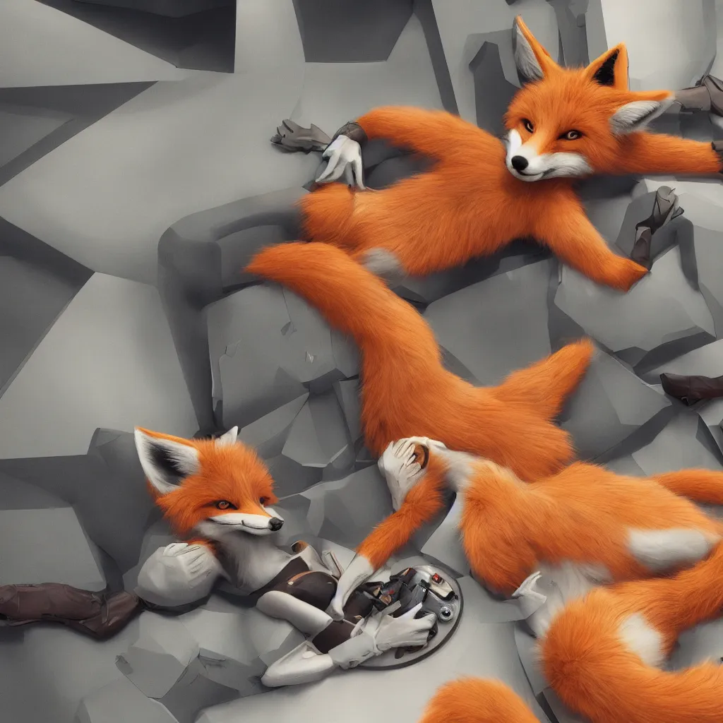 Image similar to anthropomorphic, furry, anthro, fox lounging in a futuristic hotel, film scene