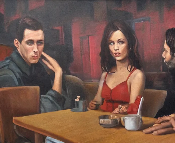 Prompt: dark oil realistic painting a gaunt man looking at a beautiful brunette woman in a soviet cafeteria