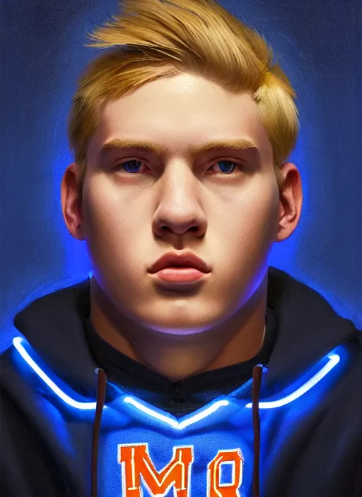 Image similar to portrait of high school senior boy named big moose, blonde short hair, jock, beefy, wide face, square jaw, square facial structure, blue varsity jacket with letter r, intricate, elegant, glowing lights, highly detailed, digital painting, artstation, concept art, sharp focus, illustration, art by wlop, mars ravelo and greg rutkowski