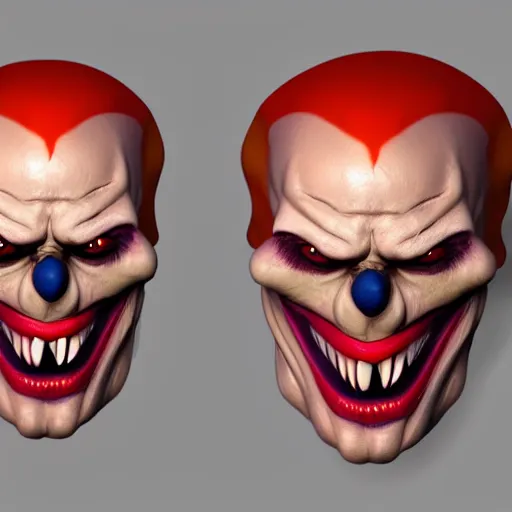 Image similar to 3d sculpt of an evil clown face with bat wings, skull, artstation, digital illustration