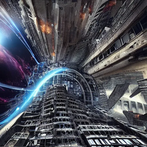 Prompt: movie still of a black hole destroying the city, part of buildings flying into the black hole, post apocalypse, epic art, highly detailed 4 k