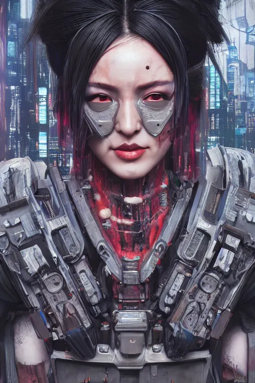 Prompt: Dark cyberpunk geisha. Biopunk, body armor, high detail, photorealism, full length view, concept art, Dan Mumford, Greg Rutkowski, Quixel Megascans, octane render, 16k, 8k, photoillustration