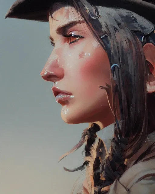 Prompt: a highly detailed oil painting of A cowgirls, in professional makeup, with medium length hair covering an eye, portrait, cinematic lighting, dramatic atmosphere, by Dustin Nguyen, Akihiko Yoshida, Greg Tocchini, Greg Rutkowski, Cliff Chiang, 4k resolution, trending on artstation