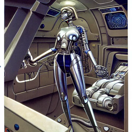 Image similar to a female with robotic interior, cyborg, by clyde caldwell, james c. christensen, h. r. giger, george tooker