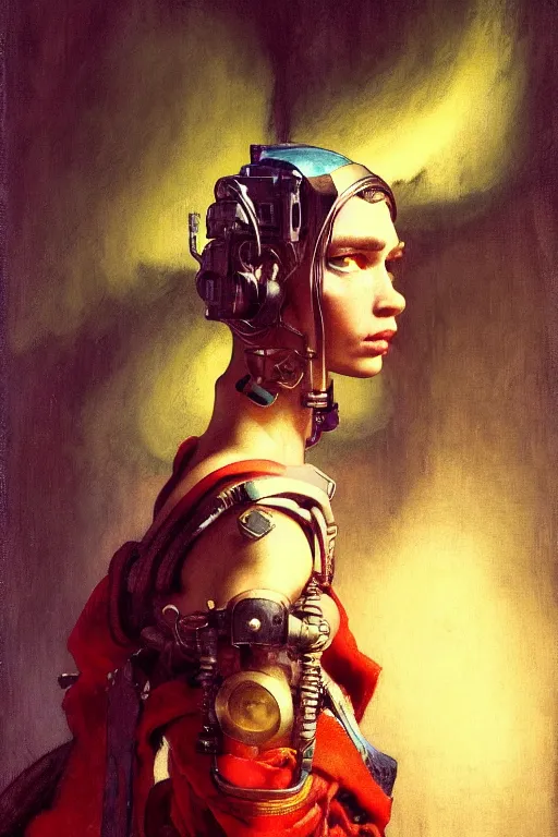 Image similar to full character portrait max mad cyberpunk warhammer 4 0 k, tech priest not the girl with the pearl earring character design, painting by gaston bussiere, katsuya terada, wyeth, greg rutkowski, craig mullins, ( ( ( ( ( vermeer ) ) ) ) ), frank frazetta, mucha, tom of finland, trending on artstation