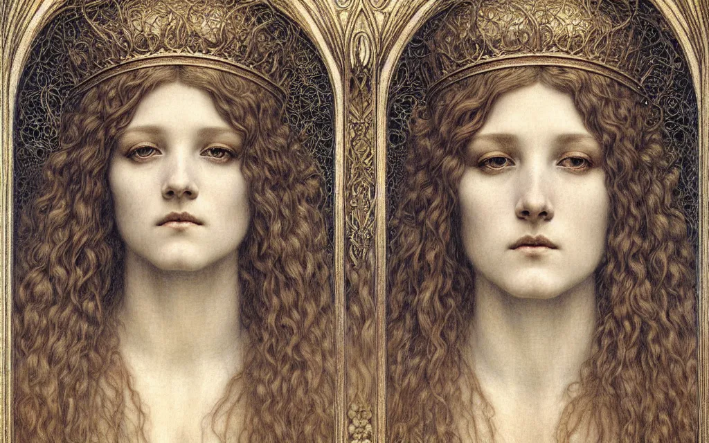 Image similar to detailed realistic beautiful young medieval queen face portrait by jean delville, gustave dore and marco mazzoni, art nouveau, symbolist, visionary, gothic, pre - raphaelite. horizontal symmetry