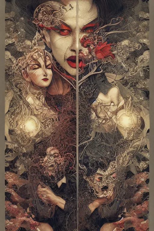 Image similar to 🤡, dynamic lighting, depth details, intricate, symmetrical lines, smooth, extremely highly detailed, by bambang nurdianshyah, garis edelweiss, roby dwi antono and ayami kojima, takato yamamoto, barclay shaw, karol bak, yukito kishiro, norman rockwell