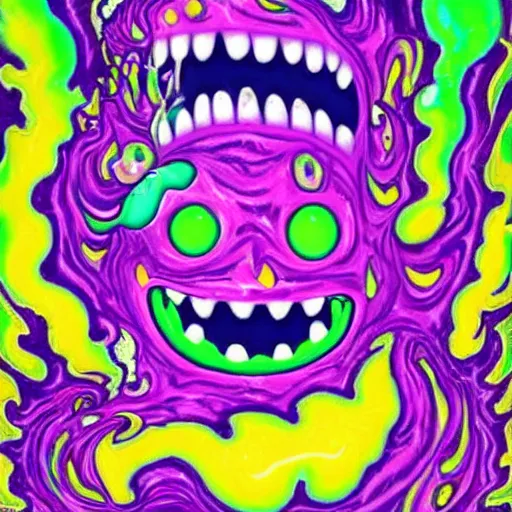 Prompt: infinite mysteries of swirling psychadelic ooze, Crungus evil menacing smiling monster, oil spill Lisa Frank psychadelic horrors, Crungus monster