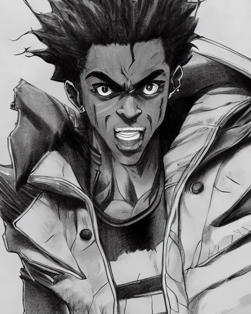 Image similar to a very detailed pencil drawing of kodak black in demon slayer manga panel, action lines, greg rutkowski, in field high resolution, dynamic pose, landscape, medium portrait, action, hyper realistic, manga, koyoharu gotouge, sakuga