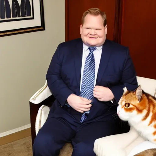 Image similar to Andy Richter wearing a blue dress shirt, necktie, navy dress pants sitting in a chair petting a calico cat