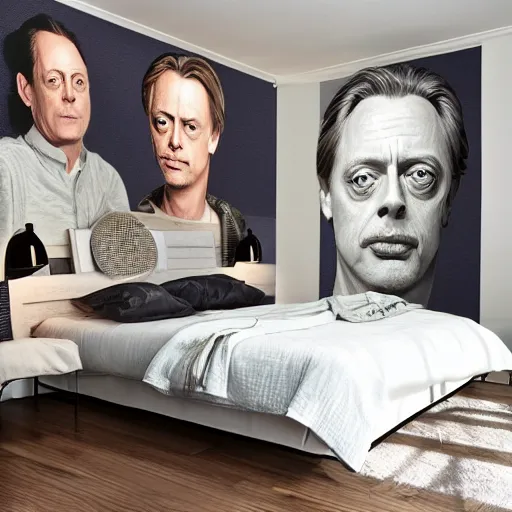 Image similar to a cozy bedroom interior with wall murals of steve buscemi, detailed, high resolution, wow!, intricate, volumetric lighting, raytracing