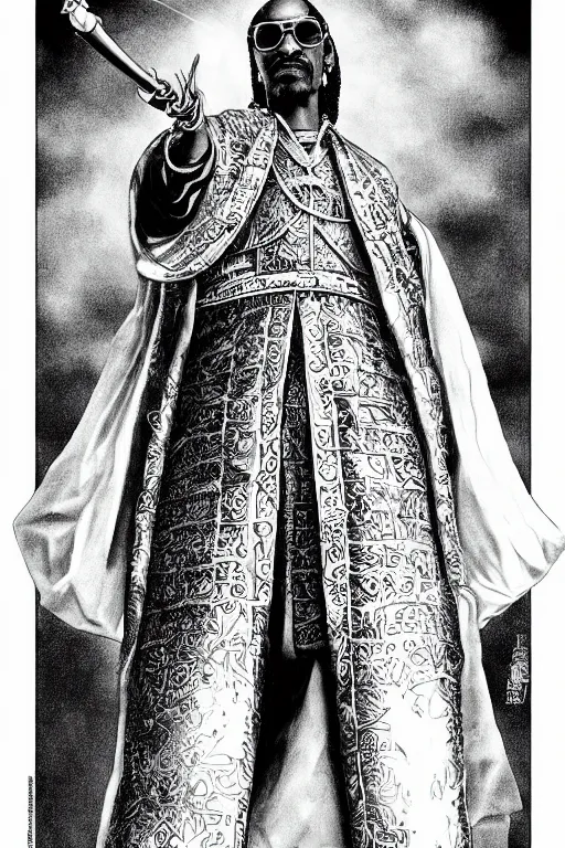 Prompt: Snoop Dogg as a knight, highly detailed, black and white, manga, art by Kentaro Miura