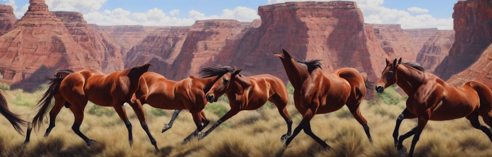 Image similar to lots of horses running through the canyon, hyper realistic, more details, they might be crawling, original oil on canvas painting by sydney mount