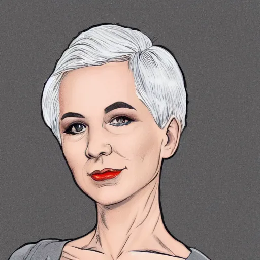 Prompt: portrait of a woman with short white hair, medium shot, illustration, highly detailed, high quality, by george perez