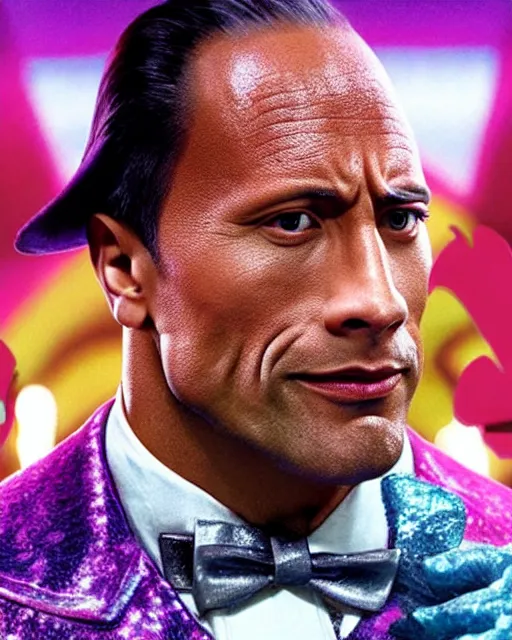 Image similar to Film still close-up shot of Dwayne Johnson as Willy Wonka from the movie Willy Wonka & The Chocolate Factory