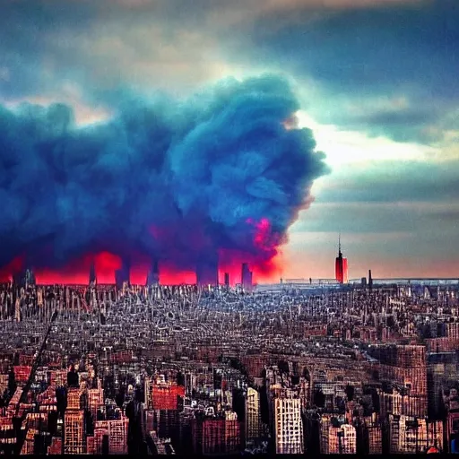 Image similar to dystopian, destroyed new york city, real, blue sky, smoke, red clouds, detailed, award winning, masterpiece, photograph, cinematic