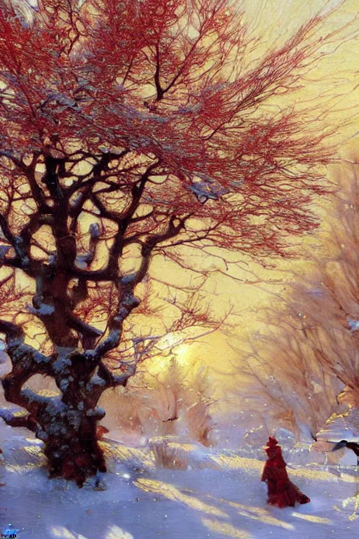 Image similar to winter, one giant red tree, ground covered with snow, extreme long shot, fantasy, painting by gaston bussiere, craig mullins, j. c. leyendecker, trending on artstation