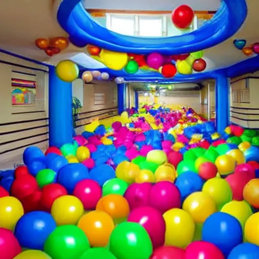 Prompt: endless corridors where the floor is a ballpit