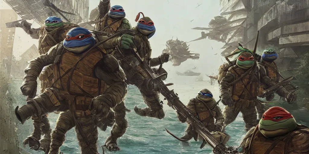 Prompt: ninja turtles escape and two military ( american uniform ) ran to sound the alarm and all the turtles began to descend the water slides, greg rutkowski very coherent symmetrical artwork, hyper realism, 4 k,