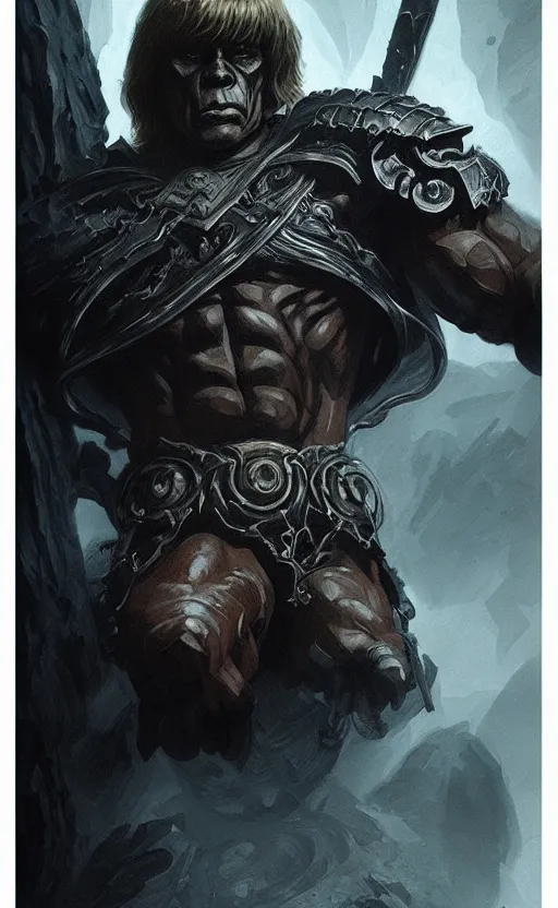 Image similar to uncut portrait of he - man, dark and mysterious and eerie and ominous character, cinematic, epic, highly detailed, intricate, illustration, artwork by marcus whinney and greg rutkowski