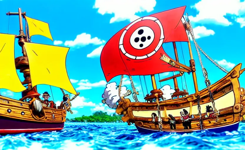 Prompt: luffy sailing the going merry, one piece, pirate ship