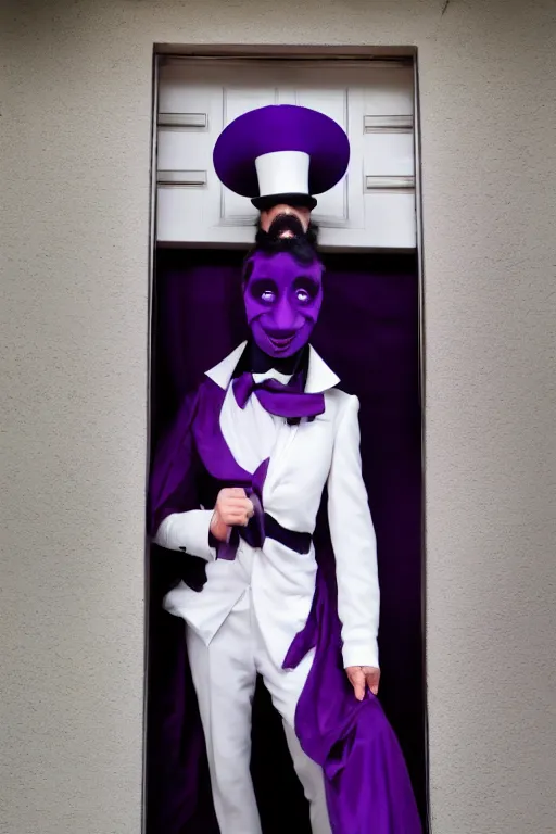 Image similar to a purple skinned tiefling with a goatee wearing a white suit and tophat standing in a doorway, purple skin, goatee, by Mark Brooks
