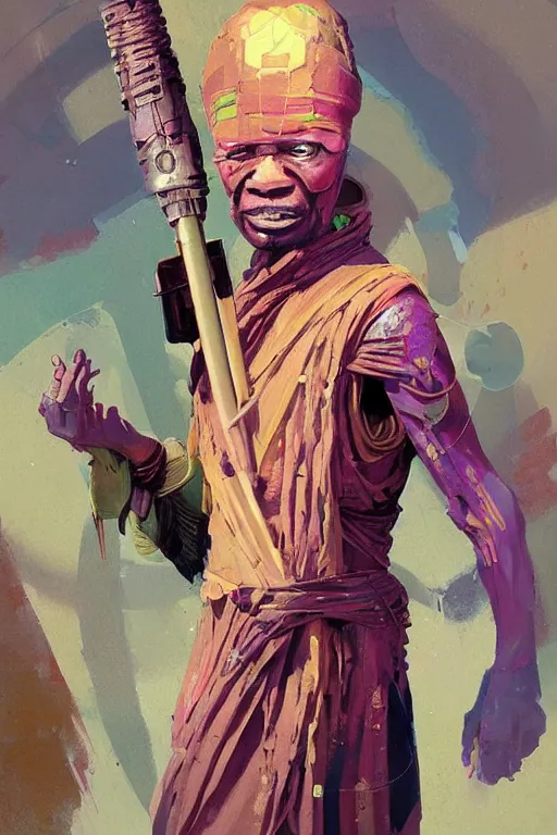 Image similar to a full body sci-fi portrait, oil painting, illustration of an old African Jedi, colourful, by Justin Sweet and Greg Rutkowski and Alphones Much