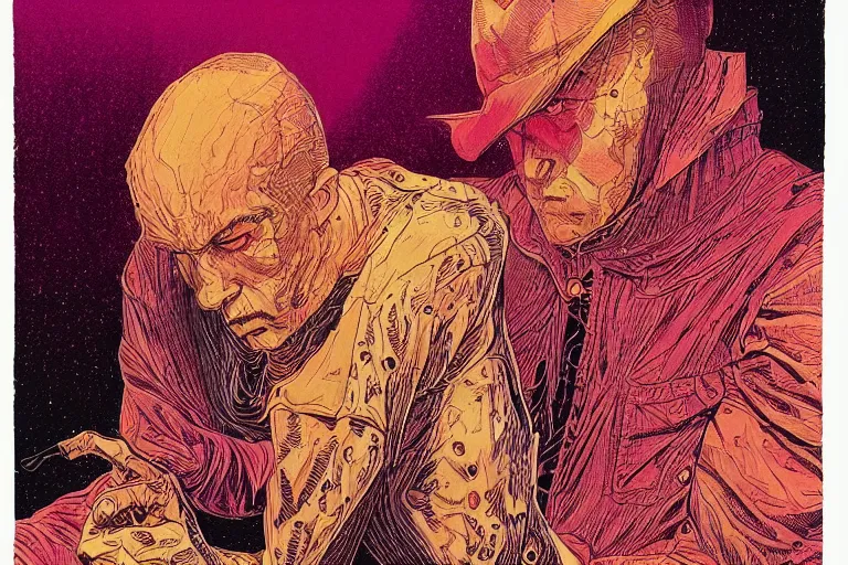 Image similar to it's so lonely when you don't know yourself, risograph artwork by Moebius and Alex Ross, intricately deteailed, trending on artstation