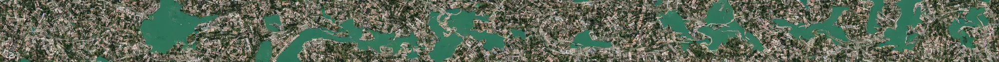 Prompt: satellite view of a town shaped like an alligator