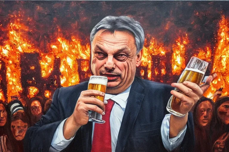 Image similar to viktor orban drinking beer and cheering at the apocalyse in front a burning city, highly detailed eyes, oil on canvas