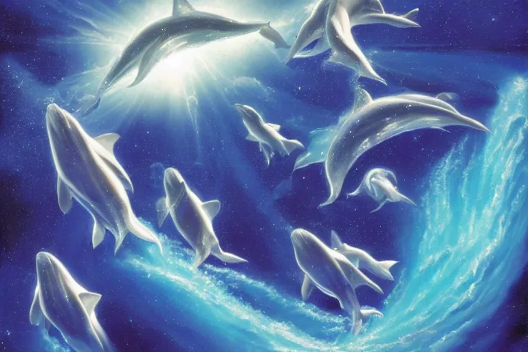 Prompt: a group of cosmic dolphins jumping out of a cosmic ocean in space