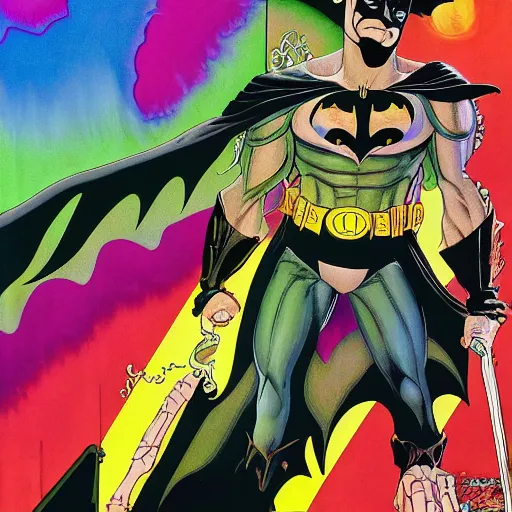 Image similar to a matte grand scale painting of batman in joker's fractal acid hell by howard chaykin and glenn fabry and todd nauck and alex grey and lisa frank, rainbow colors, hires detail, 8 k, fine detail