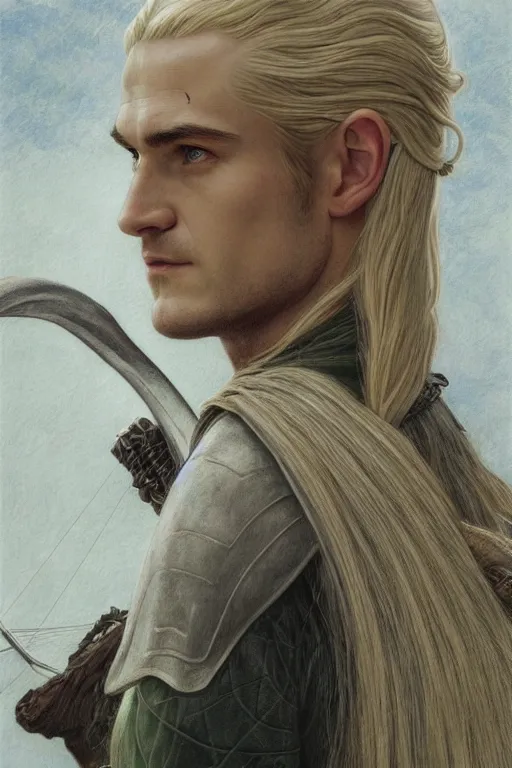 Image similar to Portrait of Legolas from Lord of the Rings, diffuse lighting, fantasy, intricate, elegant, highly detailed, lifelike, photorealistic, digital painting, artstation, illustration, concept art, smooth, sharp focus, art by John Collier and Albert Aublet and Krenz Cushart and Artem Demura and Alphonse Mucha