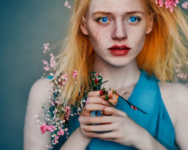 Image similar to pale young woman with bright blonde hair, freckles, blue eyes and a wide face, flowery dress, using a professional slr camera close to her face, dramatic lighting, bright flare, surreal art by anna nikonova