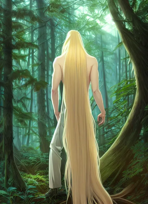 Image similar to slender young man with long blond hair, from behind, wearing wizard robes, lost in a forest, natural lighting, path traced, highly detailed, high quality, digital painting, by don bluth and ross tran and studio ghibli and alphonse mucha, artgerm