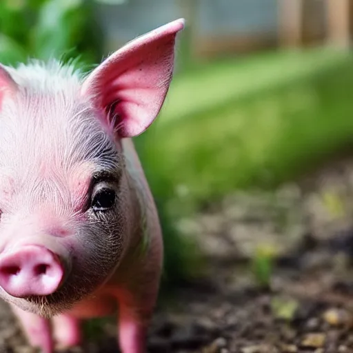 Image similar to a miniature pig wearing a cute hat!!! summer garden! hyper realistic!! realistic lighting!! wildlife photograph of the year!!! bold natural colors, national geographic, hd, wide angle, 8 k