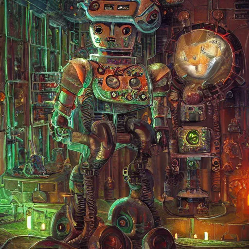 Image similar to On the morning of the robot queen's coronation, shadows of the past, The Mekanik Doll, chubby moss kitten, by jeff easley and Dylan Kowalski, highly detailed, digital painting, HDRI, by vivid colors, high contrast, 8k resolution, intricate, beautiful and thematically complex, smooth