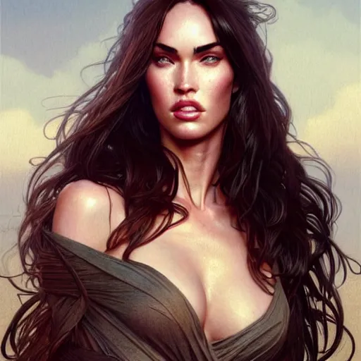 Image similar to Megan Fox , highly detailed, digital painting, artstation, concept art, sharp focus, illustration, art by greg rutkowski and alphonse mucha