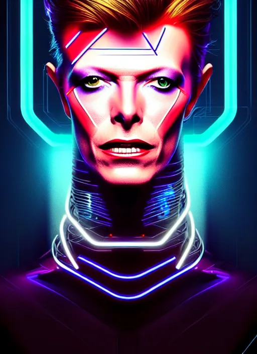 Image similar to portrait of david bowie cyber humanoid, intricate, elegant, cyber neon lights, highly detailed, digital painting, artstation, glamor pose, concept art, smooth, sharp focus, illustration, art by artgerm and greg rutkowski