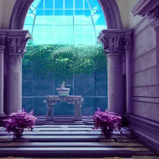 Image similar to vaporwave mansion, liminal space, high detail, rendered in unreal engine, 3d render, god rays, volumetric lighting, large windows, baroque, vegetation