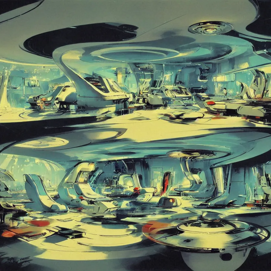 Image similar to concept art of jetsons cartoon indoor scenario of a futuristic house, painted by john berkey