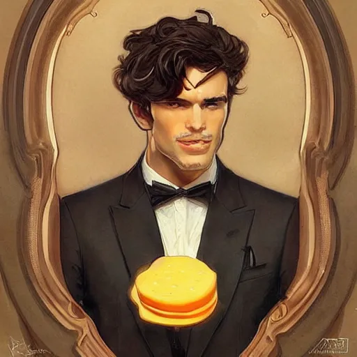 Image similar to man wearing a suit made of cheese. he is dressed as a superhero. clean elegant painting, beautiful detailed face. by artgerm and greg rutkowski and alphonse mucha