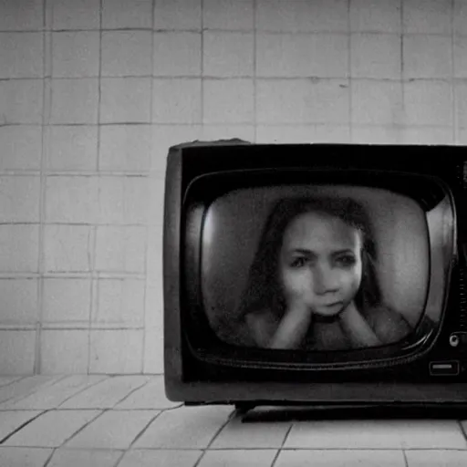 Image similar to creepy cursed TV playing found footage of a ghost, 90s, black and white, dark room at 4am