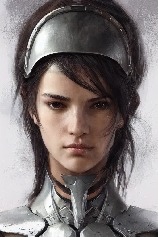 Prompt: a portrait of an attractive young woman, clothed in battle armor, olive skin, long dark hair, beautiful bone structure, symmetrical facial features, intricate, elegant, highly detailed, digital painting, trending on Artstation, concept art, smooth, sharp focus, illustration, from Metal Gear by Ruan Jia and Mandy Jurgens and Artgerm and william-adolphe bouguerea, highly detailed, trending on artstation, award winning