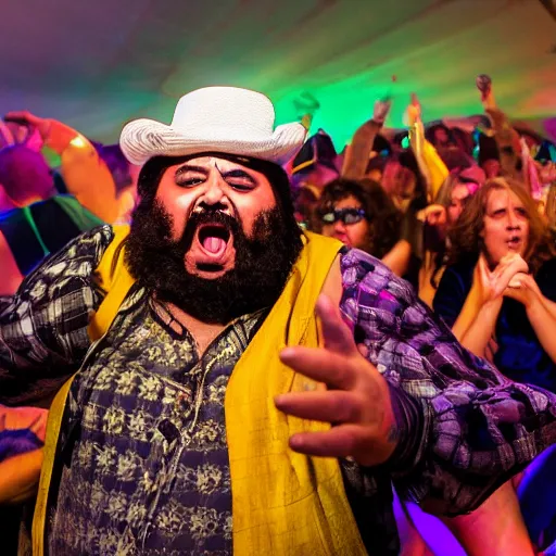 Image similar to a fat gipsy man screams into a mic during a huge party, award winning photograph, colorful