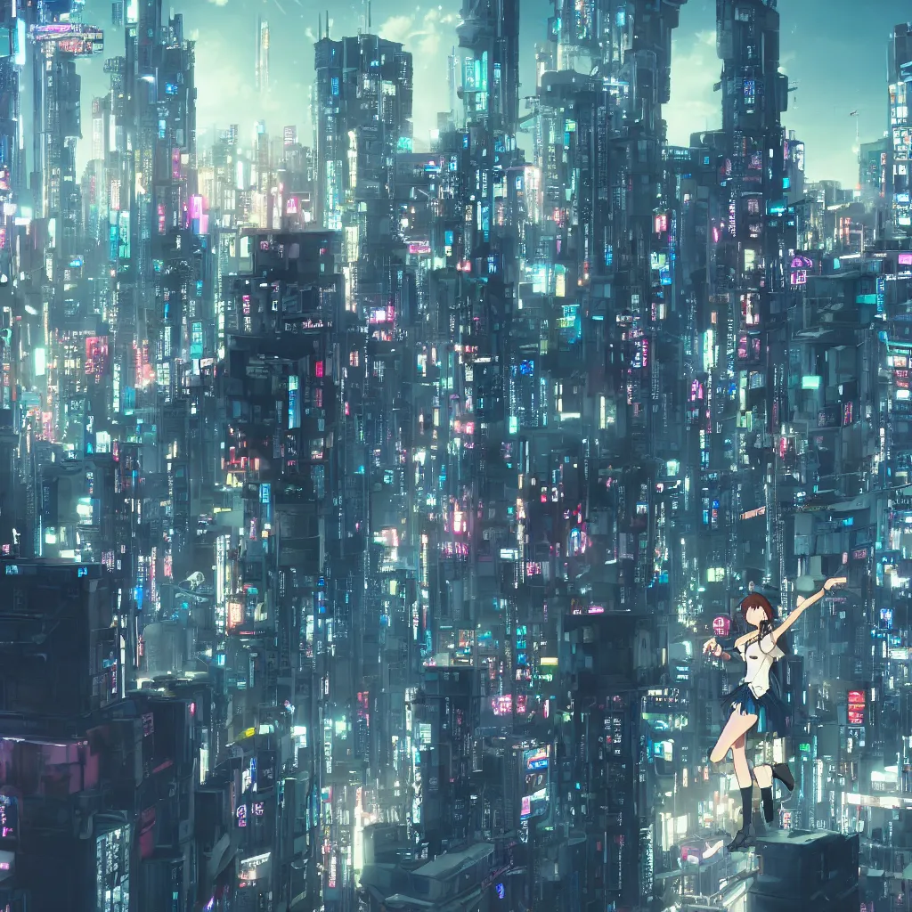 Image similar to a girl stands on top of a multi-storey building, anime style, 4k, cyberpunk city in the background, very detailed