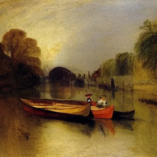 Prompt: punting boats along the river camb in cambridge, painting by william turner, beautiful, vibrant, colorful, 1 8 2 3, british museum