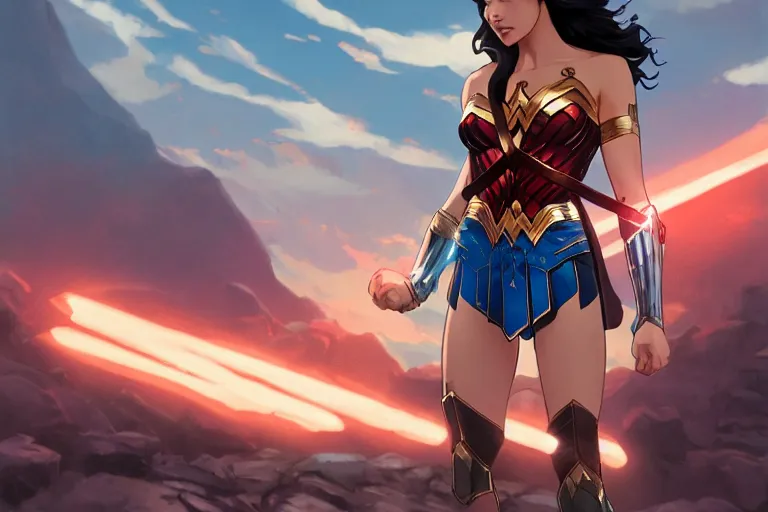 Prompt: wonder woman, single subject, scenic full shot, ambient lighting, detailed face, by makoto shinkai, stanley artgerm lau, wlop, rossdraws