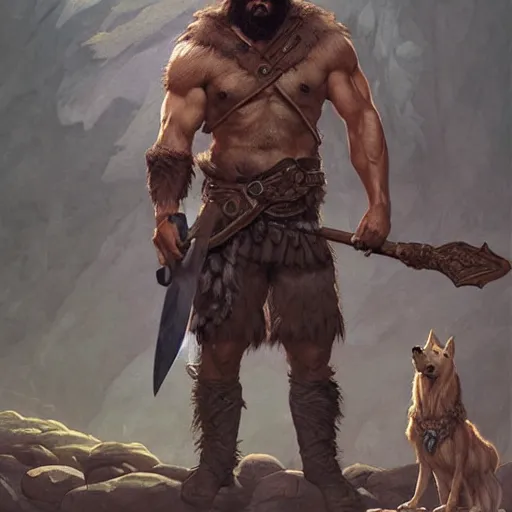 Image similar to portrait of a gruff ranger holding a spear, accompanied by a wolf dog, muscular, upper body, hairy body, D&D, fantasy, intricate, elegant, highly detailed, digital painting, artstation, concept art, matte, sharp focus, illustration, art by Artgerm and Greg Rutkowski and Alphonse Mucha